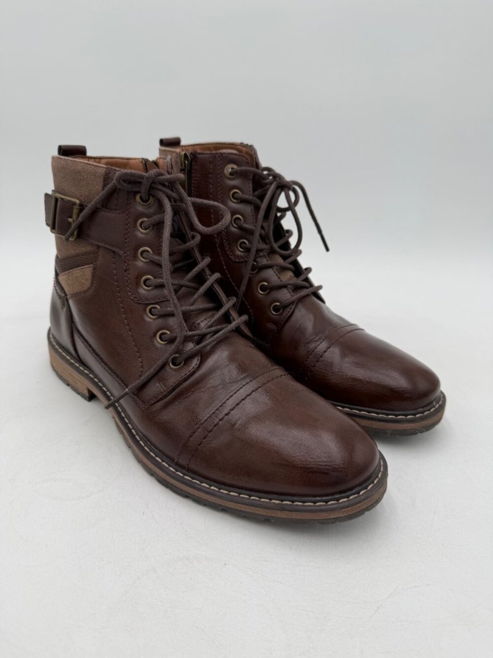 Madden Mens Brown Lace-Up Leather Boots Side Zipper Buckle Casual Chukka Size 10